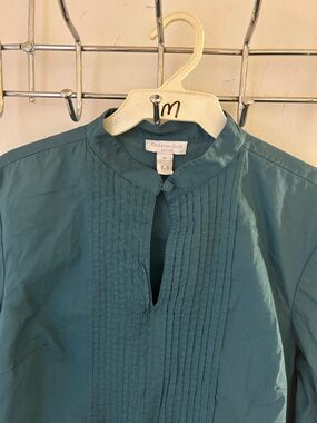 Charter Club Teal Pintuck Keyhole Mandarin Collar Top